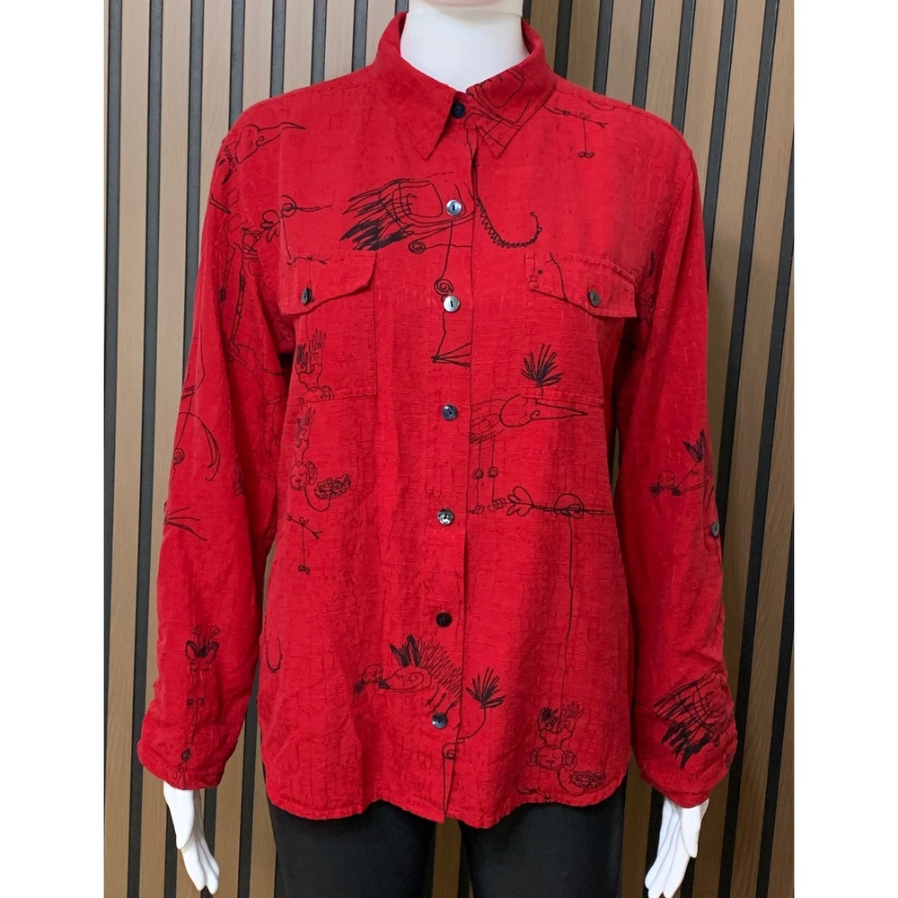 Chico's Red 100% Silk Animal Print Button Down Shirt Size 1 M Textured Giraffe